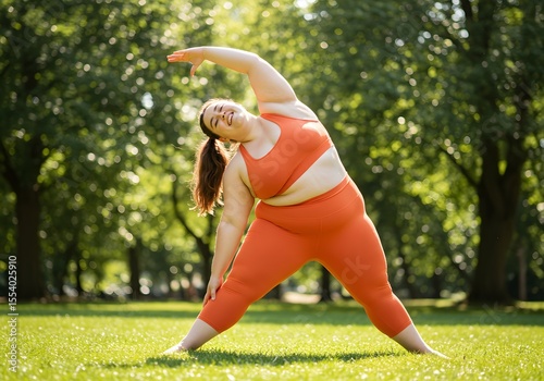 Wallpaper Mural A plus-size woman gracefully performs a yoga pose in a sunny park, embodying strength and well-being amidst lush greenery Torontodigital.ca