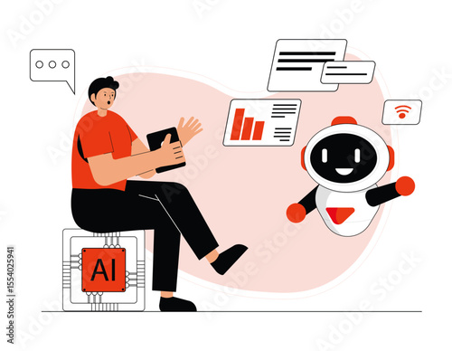 AI robot supporting humans in work tasks vector illustration