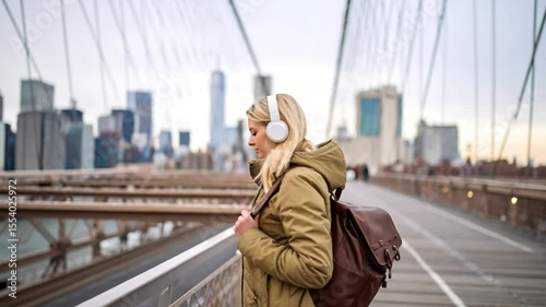 Woman listening music headphones bridge city travel