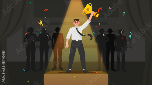 Winner standing on podium receiving award vector illustration
