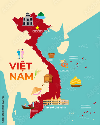 Vietnam map with cultural symbols and heritage icons vector illustration

