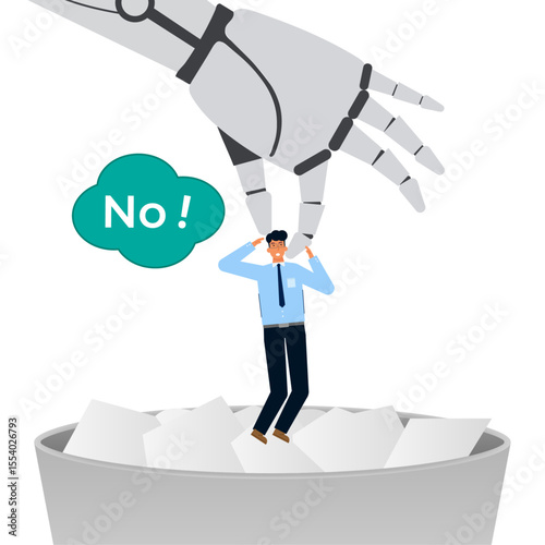 AI robot replacing human and discarding worker vector illustration