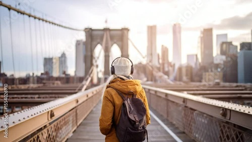 Woman listens to music, backpack on, walking Brooklyn Bridge, city skyline