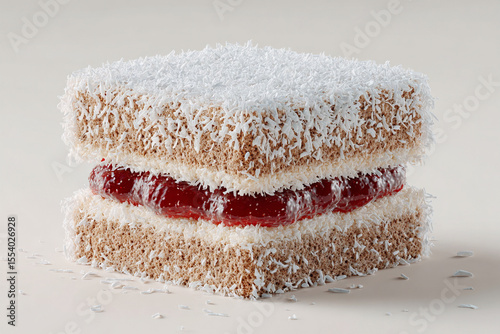 A photorealistic Australian lamington with brown sponge cake