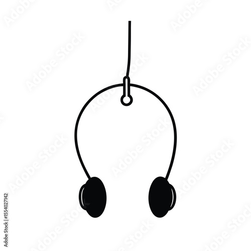 Modern minimalist silhouette of headphones artistically suspended from a sleek hook against a clean white background ideal for audio branding and tech promotions