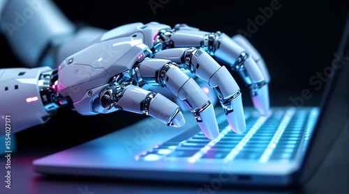 Robot hand typing on laptop keyboard ai artificial intelligence automation technology future tech