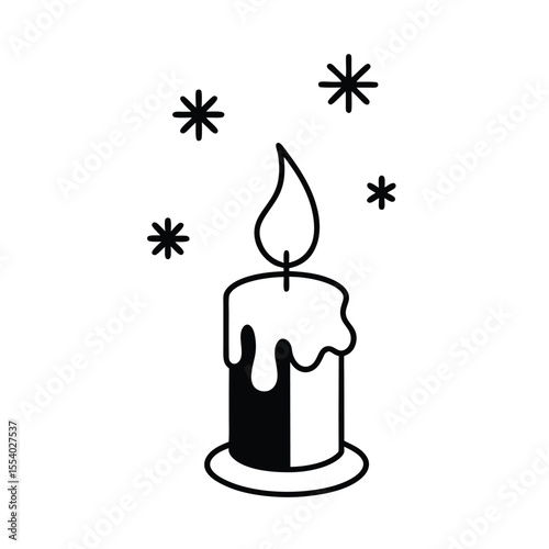 Festive winter scene featuring a warmly burning candle with dripping wax and delicate snowflakes falling around it