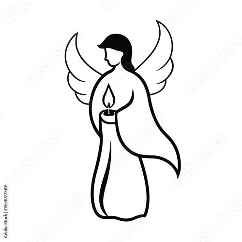 Serene angel holding a glowing candle silhouette symbolizing hope peace and spirituality on a clean white background