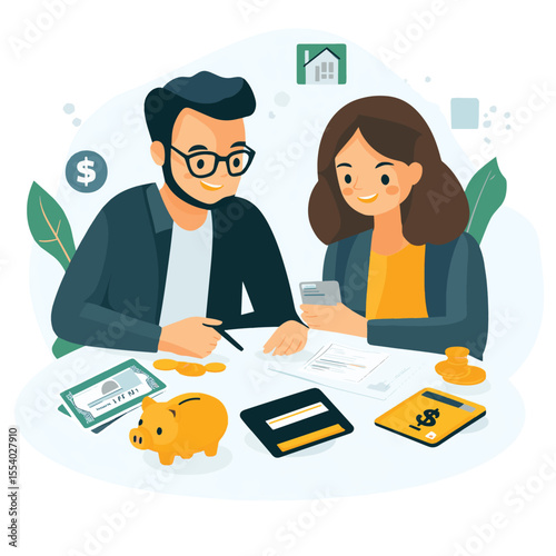A man and woman discussing finances at a table with money, credit card, piggy bank, and house icons around them, flat style on white background
