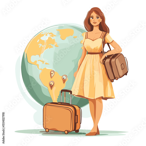 A woman in a dress with luggage and location pins stands in front of a globe, symbolizing global travel