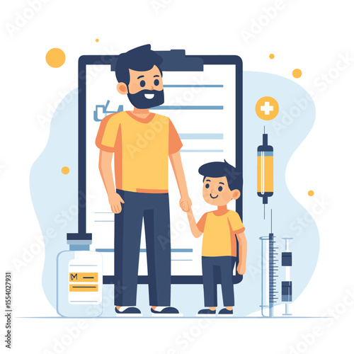 Father and son holding hands near a giant clipboard, syringe, and medical kit in flat style on white background