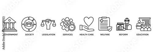 Social policy icon set vector illustration concept relate to government, society, legislation, services, health care, welfare, reform, education