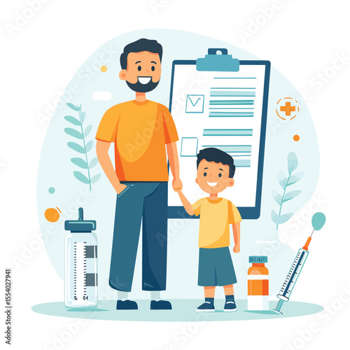 Father and son holding hands near a giant clipboard, syringe, and medical kit in flat style on white background