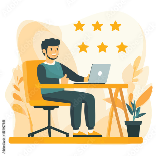 Man sitting at desk using laptop while reviewing five-star customer feedback, with thumbs-up icon and potted plant on a light abstract background
