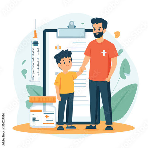 Father and son holding hands near a giant clipboard, syringe, and medical kit in flat style on white background