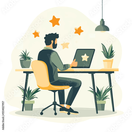 Man sitting at desk using laptop while reviewing five-star customer feedback, with thumbs-up icon and potted plant on a light abstract background