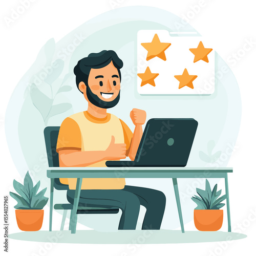 Man sitting at desk using laptop while reviewing five-star customer feedback, with thumbs-up icon and potted plant on a light abstract background