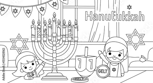Children celebrating hanukkah with menorah dreidel and gelt isolated on transparent background