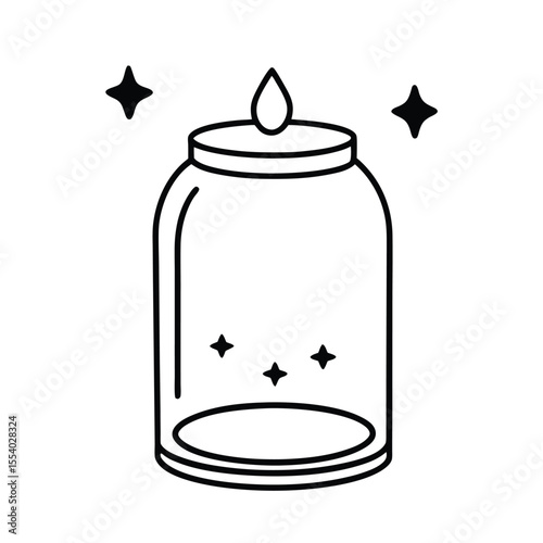 Whimsical illustration of a glowing candle in a glass jar surrounded by twinkling stars on a clean white background