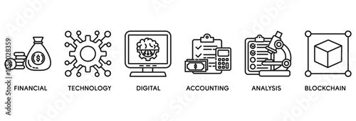 Fintech icon set vector illustration concept relate to financial, technology, digital, accounting, analysis and blockchain