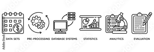 Data mining icon set vector illustration concept relate to data sets, pre-processing, database systems, statistics, analytics and evaluation
