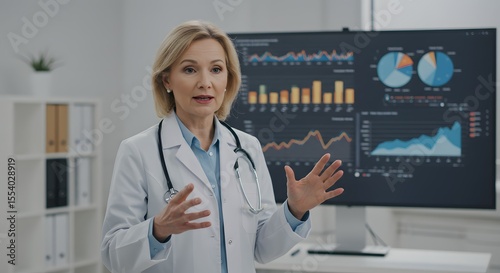 Wallpaper Mural Senior female doctor in white coat with stethoscope, gesturing with hands while speaking in front of a large monitor displaying graphs and data charts about healthcare analytics Torontodigital.ca