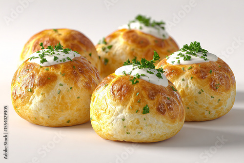 A photorealistic Brazilian pão de queijo with golden cheesy buns