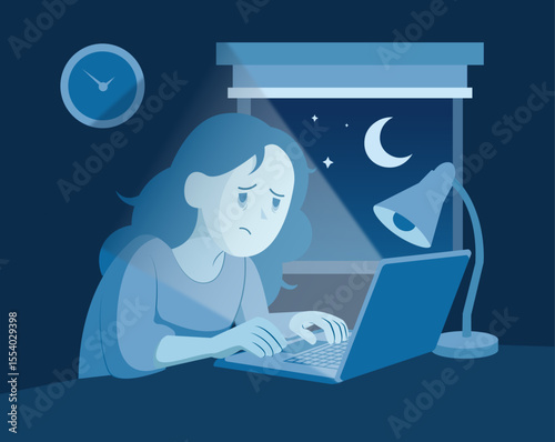 Employee working overtime late at night vector illustration