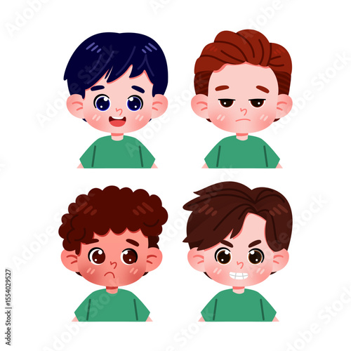 Four Cartoon Boys with Different Emotional Expressions