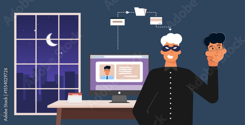 Impersonator stealing user data and personal information vector illustration