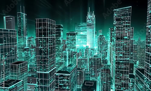 Futuristic city skyline with glowing skyscrapers and vibrant neon lights illuminating the night