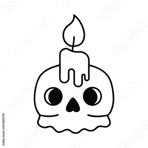 Mysterious candle melting over a detailed skull illustration on a clean white background evoking themes of time mortality and transformation