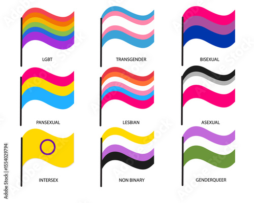 LGBTQ+ community flags representing gender and sexual identities vector illustration