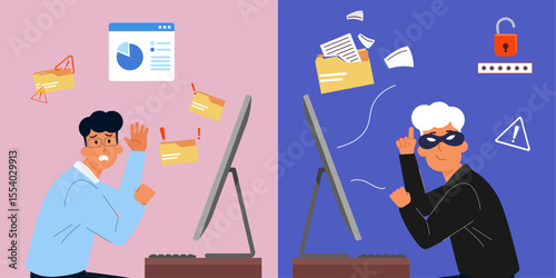 Hacker breaking firewall and attacking personal computer vector illustration