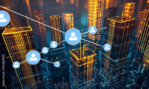 Futuristic cityscape with digital connections between people, highlighting urban networking and technology