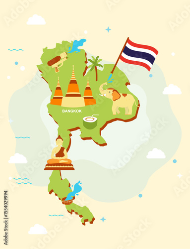 Thailand map with cultural and travel landmarks vector illustration