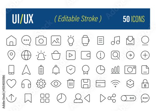 UI/UX Line Icon Set – 50 Editable Stroke Icons for Web & App Design. Linear icon collection. Vector illustration collection.
