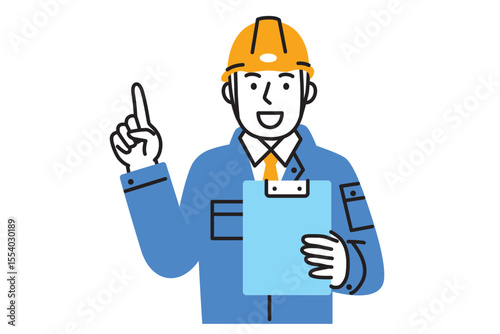 作業服を着て指差しする男性作業員のシンプルなイラスト