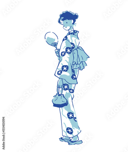朝顔柄の浴衣を着て振り向く女の子