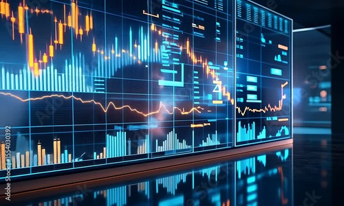 Futuristic data visualization screen displaying financial market trends in a modern office environment