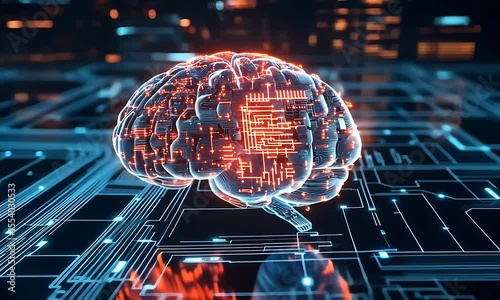 Futuristic digital brain with glowing circuitry against a tech-inspired background, symbolizing AI