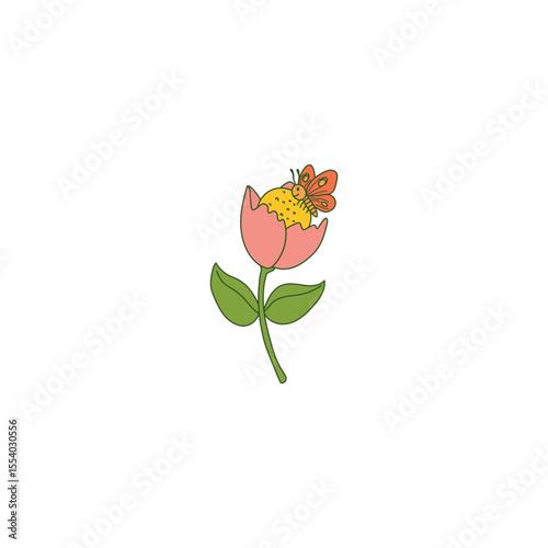 An icon of a pink tulip-shaped flower with a smiling face and a butterfly resting on its top, symbolizing beauty, transformation, and delicate nature.