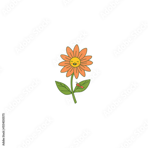 An icon of an orange flower with a smiling face and a ladybug on its petal, symbolizing good luck, natural pest control, and a vibrant garden.