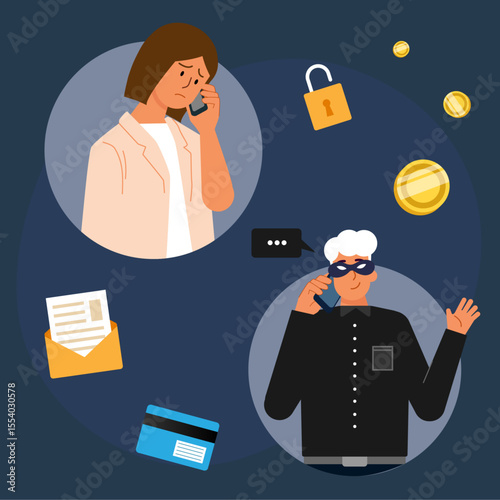 Phone scam stealing money through fake calls vector illustration