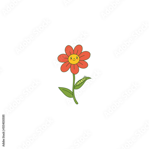 An icon of a red flower with a smiling face and a green caterpillar crawling on its stem, symbolizing growth, life cycles, and early stages of nature.