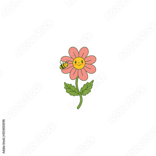 An icon of a pink flower with a smiling face and a small bee on its petal, symbolizing pollination, nature's harmony, and a cheerful garden scene.