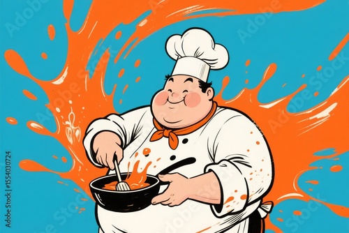 Chef in Action: Stirring a Pot with Enthusiasm Against a Vibrant Background