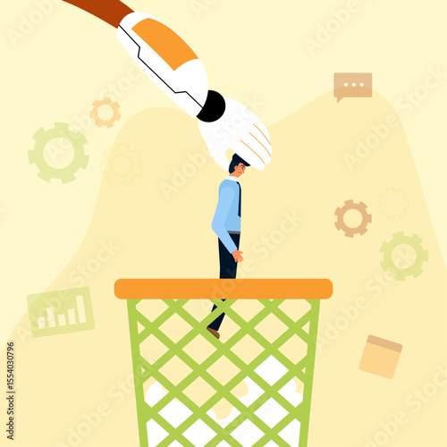 Robot replacing human character in workplace vector illustration