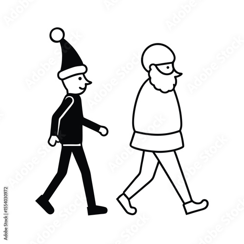 Joyful santa claus and friendly elf walking together happily on a clean white background celebrating the festive season