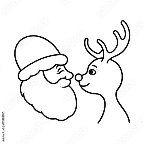 Charming illustration of santa claus and a friendly reindeer touching noses set against a clean white background perfect for holiday greetings